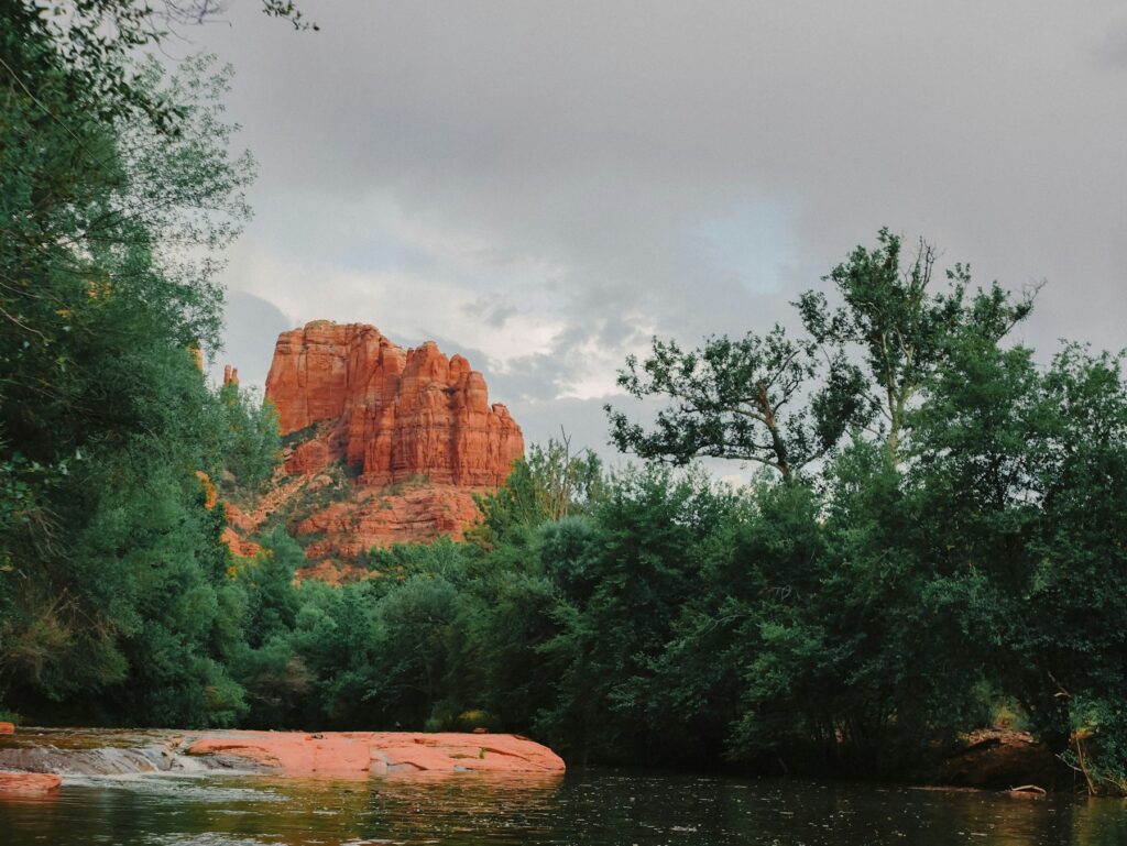 Cathedral Rock rising above Oak Creek at Red Rock Crossing in Sedona